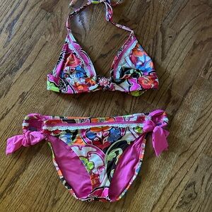 Betsy Johnson multi colored floral print bikini w metal flower on top.
